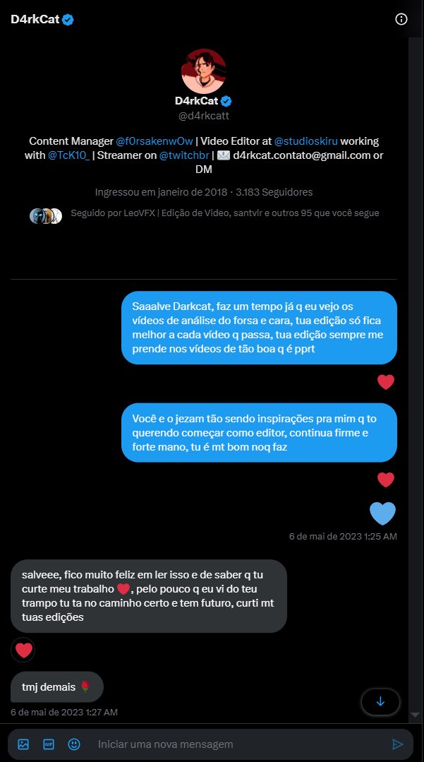 a 2 anos atrás eu tava editando um vídeo de uma rankeada com meus amigos levando como inspiração a edição do <a href="/d4rkcatt/">D4rkCat</a> e do <a href="/Jezam_Luska/">Jezam Luska</a> , quem diria que mandar uma simples mensagem pra eles mudaria tanto minha vida

definitivamente foi uma das melhores coisas q ja me aconteceu