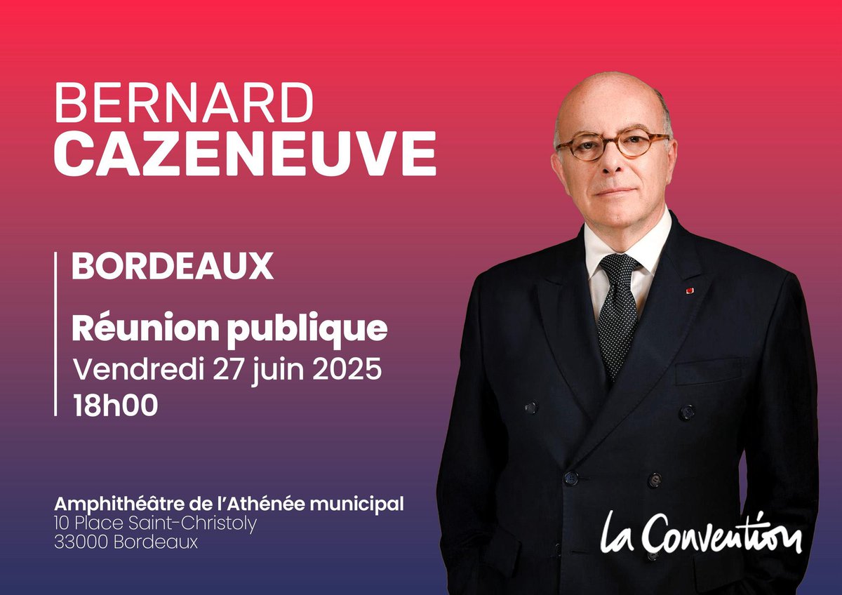 Le tour de France de la Convention fait étape en Gironde : <a href="/BCazeneuve/">Bernard Cazeneuve</a> sera à Bordeaux vendredi 27 juin. Inscription : la-convention.fr/reunion_publiq…