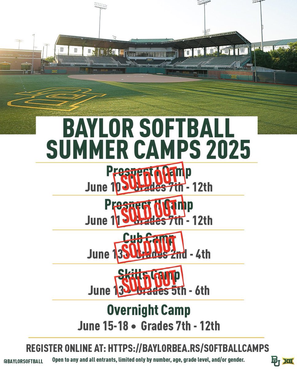 LIMITED spots available for our overnight camp ONLY ‼️ 

Sign up today: baylorbea.rs/SoftballCamps

#SicEm | #andONE
