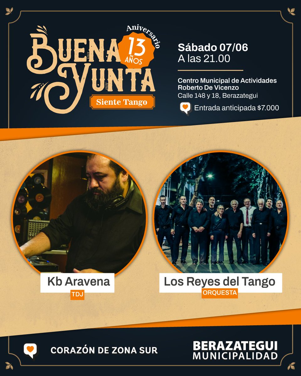 ¡Este sábado llega el aniversario de Buena Yunta! 🎂

A partir de las 21hs, te invitamos a celebrar los 13 años del Complejo Cultural Municipal, un clásico de Berazategui para quienes les apasiona la danza.

No te lo podés perder 🧡