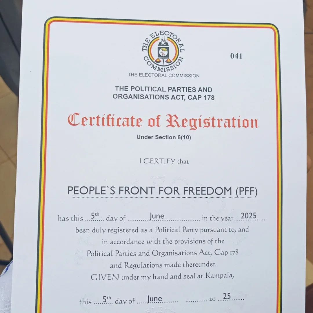 People's Front for Freedom finally gets its certificate from the Electoral Commission. It's now a registered Political Party in Uganda.
#NBSUpdates