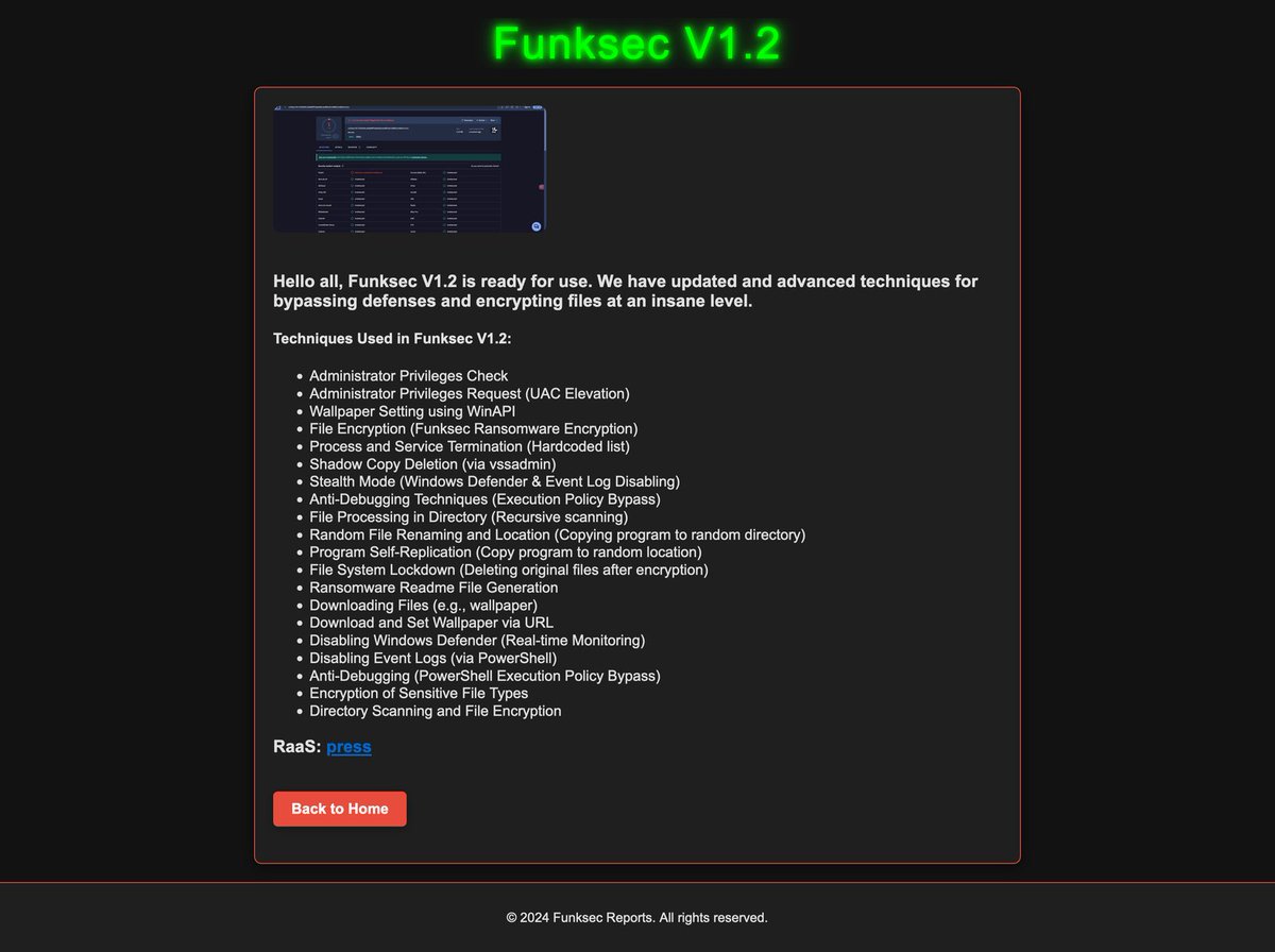 才看见 Funksec V1.2 版本直接产品化了 介绍一下

Funksec 是新一代勒索病毒控制及释放终端 具备一系列防御规避 + 文件加密 + 系统破坏 + 反取证功能，其执行链条涵盖了完整的攻击生命周期：