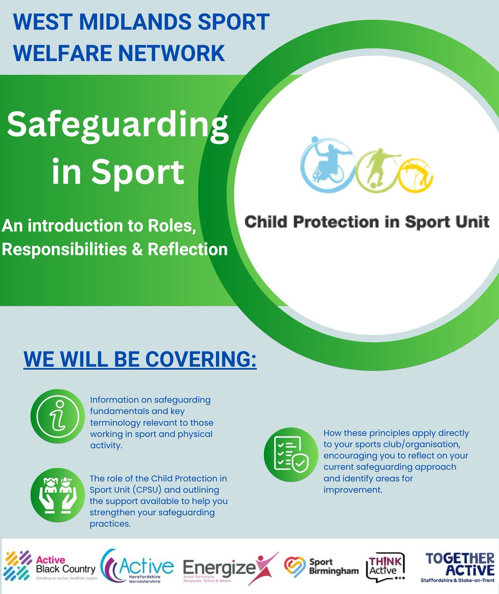 🛡️ Involved in sport or physical activity?

Join this free online safeguarding session with West Midlands Sport Welfare Network.

🗓️ Thurs 26 June
🕕 6–7pm on Teams

Learn how to strengthen your approach and support those in your care.

📲 Book now: shorturl.at/cApsA