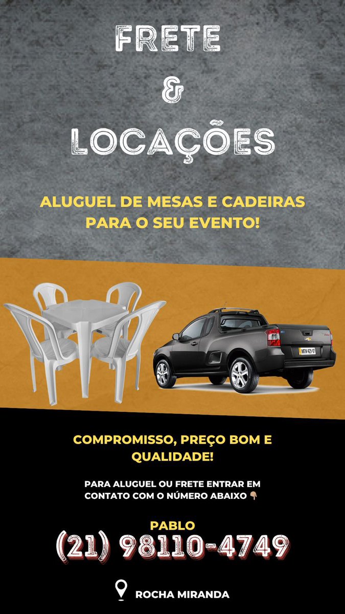 Fala rapaziada, estou trabalhando com fretes e aluguel de mesas e cadeiras. Caso alguém tiver interesse é só me chamar, e se puderem tá compartilhando meu trabalho dando rt vai deixar forte. 💪🏾🚀❤️