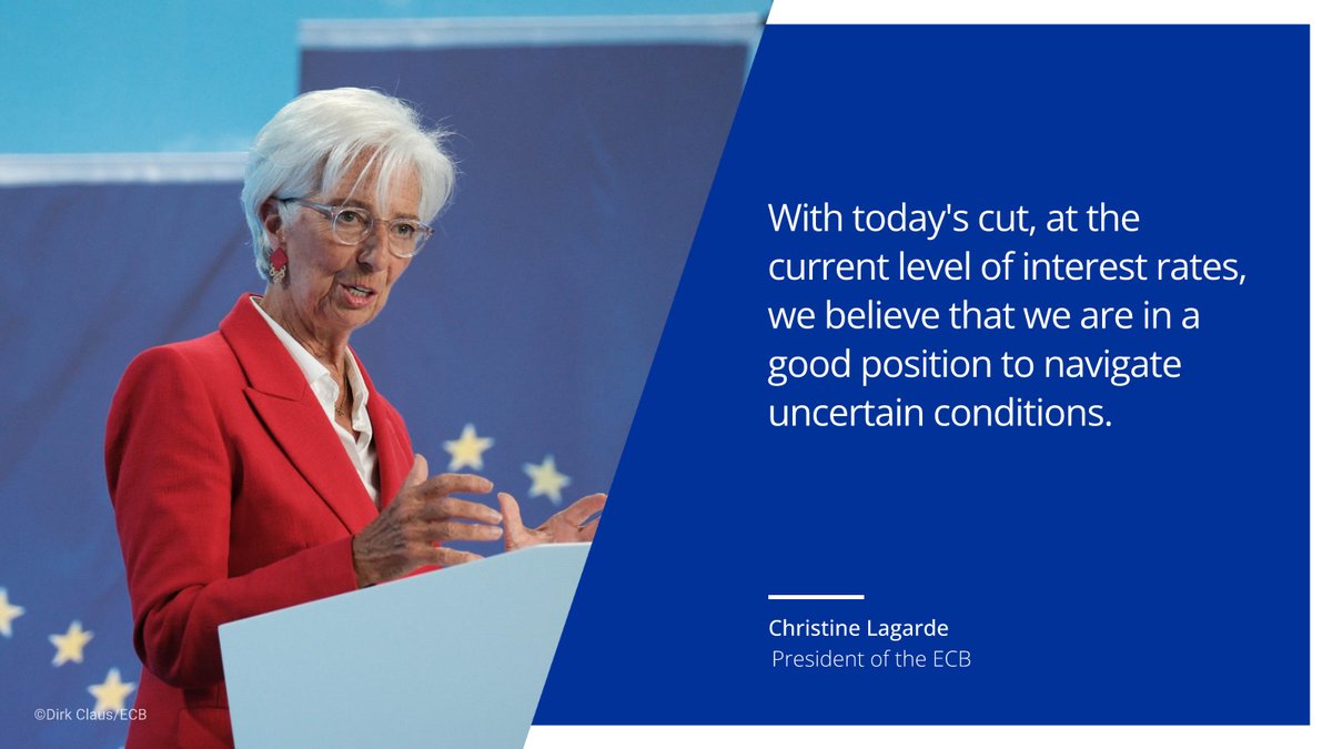 European Central Bank (@ecb) on Twitter photo Most measures of underlying inflation suggest that inflation will settle at around our 2% medium-term target on a sustained basis, said President <a href="/Lagarde/">Christine Lagarde</a> after the Governing Council decided to cut interest rates by 0.25 percentage points. Most measures of underlying inflation suggest that inflation will settle at around our 2% medium-term target on a sustained basis, said President <a href="/Lagarde/">Christine Lagarde</a> after the Governing Council decided to cut interest rates by 0.25 percentage points.