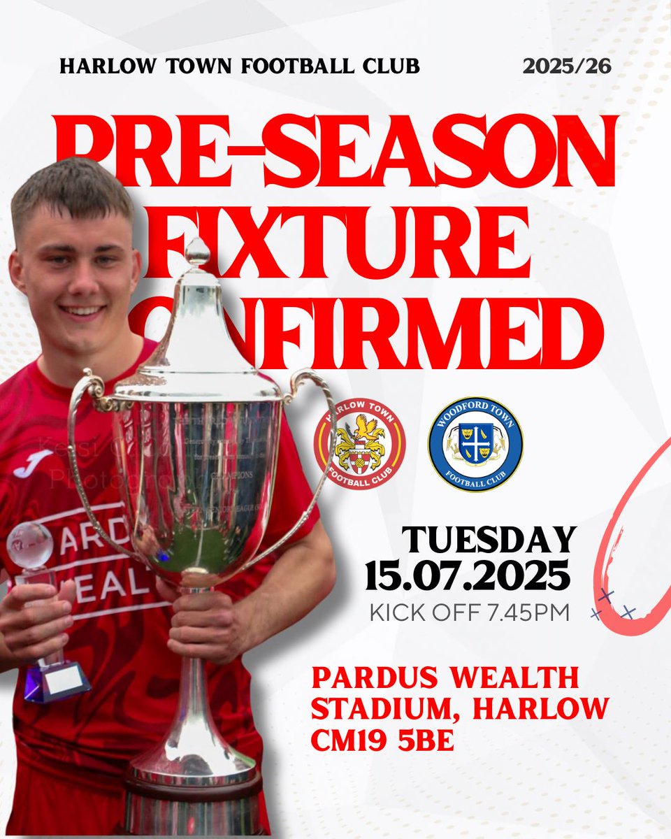 Harlow Town FC (@harlowtownfc) on Twitter photo PRE-SEASON FIXTURE CONFIRMED 🔴⚪️
• Harlow Town vs <a href="/WoodfordTownFC/">Woodford Town FC</a>
• Tuesday 15th July 2025
• 7.45PM KICK OFF
• Pardus Wealth Stadium, Harlow CM19 5BE
Get down and support the Hawks!
📸 Kelsi O’Connor
#Hawks #HarlowAreMassive #PreSeason2025 PRE-SEASON FIXTURE CONFIRMED 🔴⚪️
• Harlow Town vs <a href="/WoodfordTownFC/">Woodford Town FC</a>
• Tuesday 15th July 2025
• 7.45PM KICK OFF
• Pardus Wealth Stadium, Harlow CM19 5BE
Get down and support the Hawks!
📸 Kelsi O’Connor
#Hawks #HarlowAreMassive #PreSeason2025