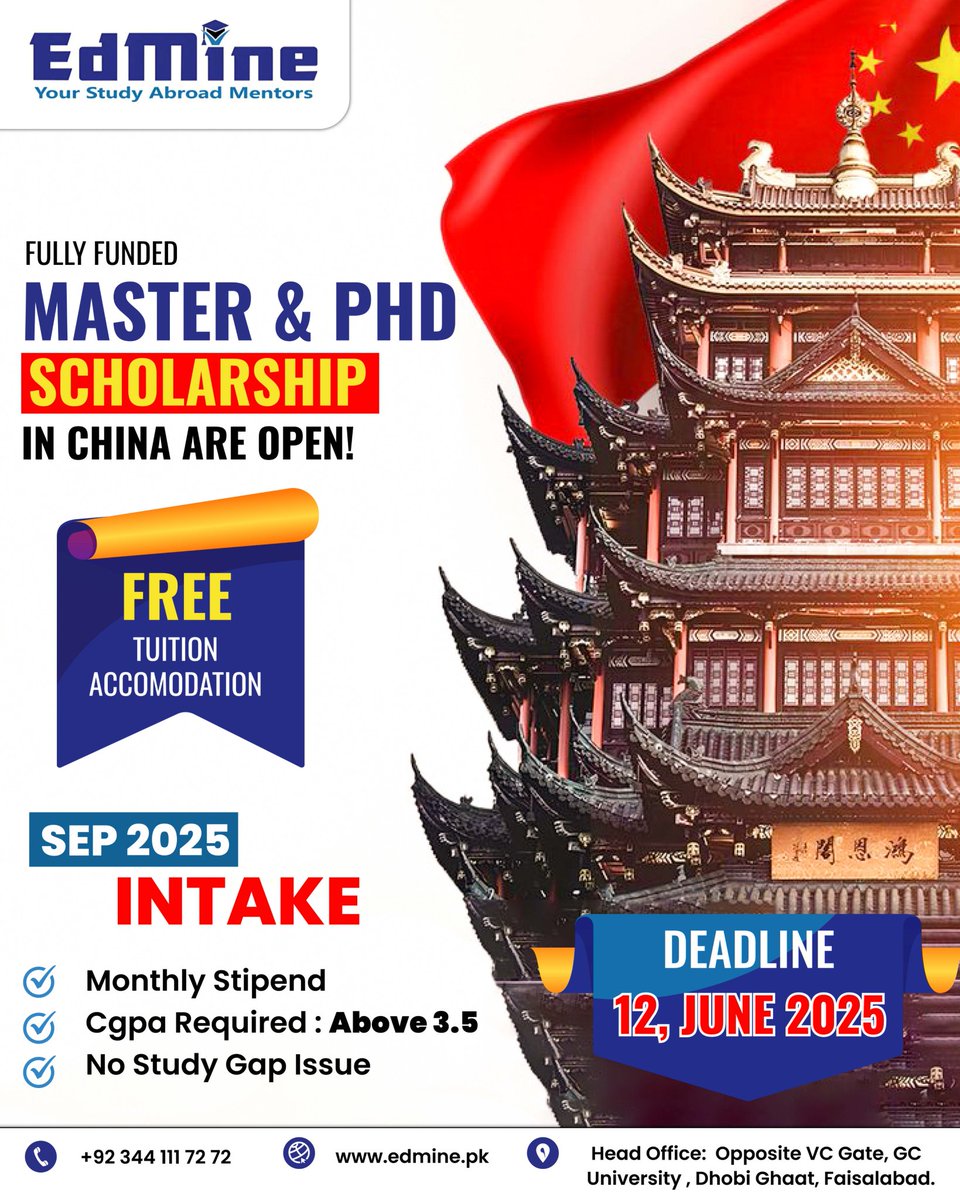 edmine_official's tweet image. Dreaming of 𝐂𝐡𝐢𝐧𝐚?
Get a Fully Funded Master/PhD 🇨🇳
✅ Free Tuition + Stipend
📅 Apply by 𝟏𝟐 𝐉𝐮𝐧𝐞 𝟐𝟎𝟐𝟓

Information:
📞UAN: +92 344 111 72 72
#edmine #chinauniversities