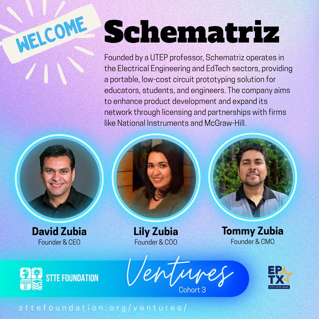 STTE Foundation (@sttefoundation) on Twitter photo Introducing Schematriz: a portable circuit prototyping tool built for students, educators & engineers.
Founded by a UTEP professor, now seeking funding & licensing partners (think: National Instruments, McGraw-Hill).
🔗 STTEfoundation.org/ventures
Follow @STTEfoundation
<a href="/EPTXEconDev/">City of El Paso Economic Development Department</a> Introducing Schematriz: a portable circuit prototyping tool built for students, educators & engineers.
Founded by a UTEP professor, now seeking funding & licensing partners (think: National Instruments, McGraw-Hill).
🔗 STTEfoundation.org/ventures
Follow @STTEfoundation
<a href="/EPTXEconDev/">City of El Paso Economic Development Department</a>