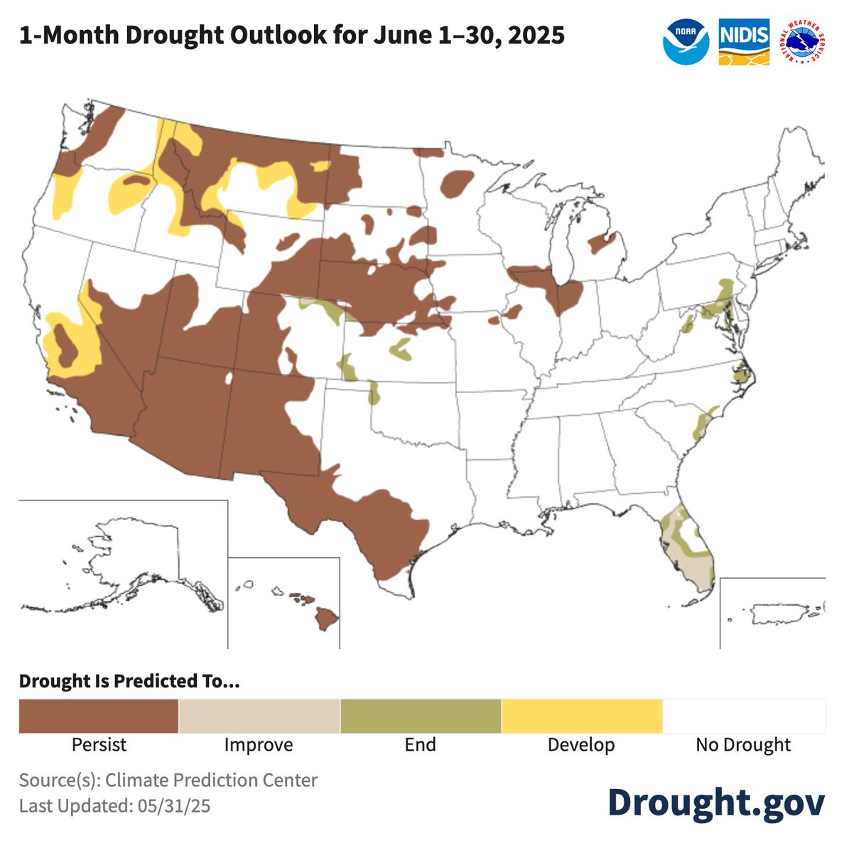 June Drought Outlook from <a href="/NOAA/">NOAA</a>’s <a href="/NWSCPC/">NWS Climate Prediction Center</a>:

Big improvements are expected for the East + parts of the Plains

In the West, drought is forecast to expand in central CA/NV, the Northwest, &amp; MT

Otherwise, drought persists. 

drought.gov/forecasts <a href="/NWS/">National Weather Service</a>