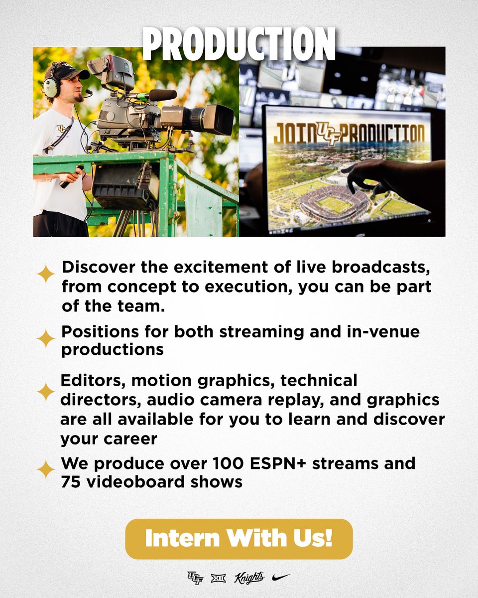 Live and in-venue broadcasts, motion graphics with <a href="/UCFProduction/">UCF Production</a> 🎥

Apply here: ucfknights.com/ucfaa-internsh…