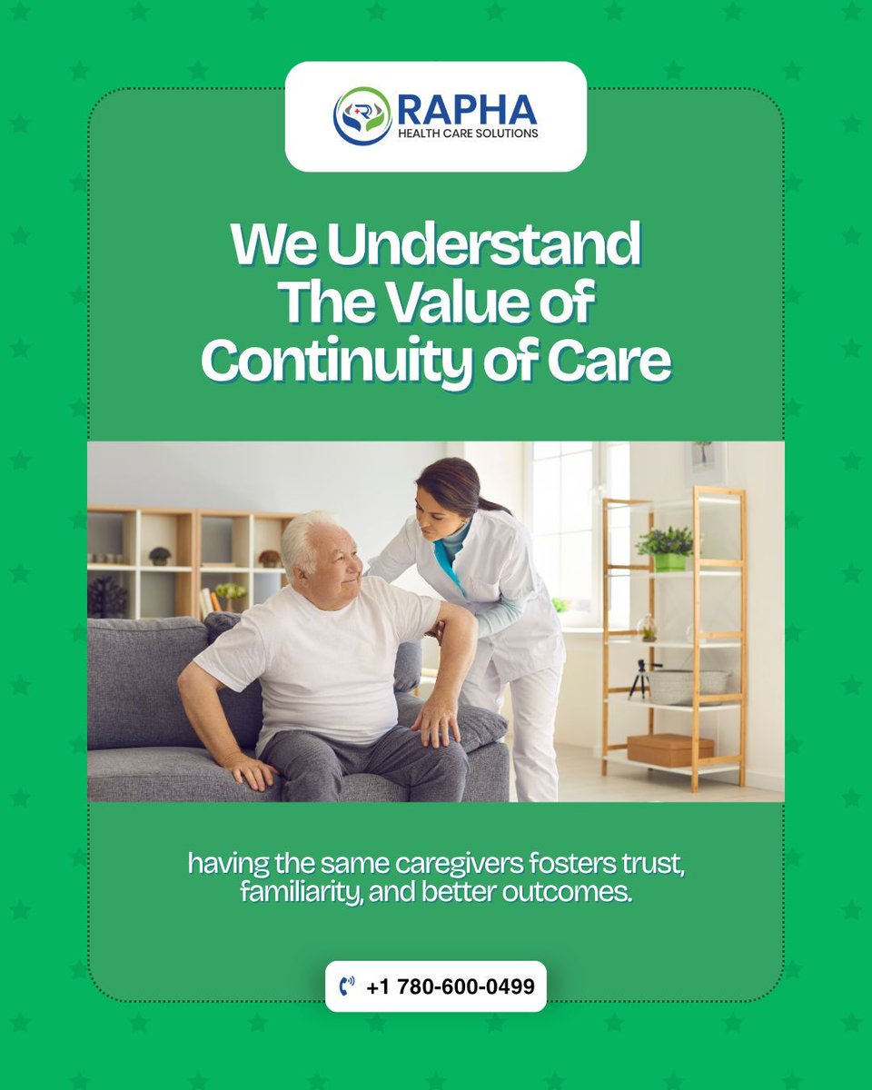 RaphaHealtth's tweet photo. At Rapha Healthcare Solutions, we understand that having familiar faces and consistent support builds trust and leads to more personalized, effective care.

#ContinuityOfCare #TrustedCaregivers #FamiliarFaces #HomeCareBenefits #PersonalizedCare #EdmontonSeniors #AlbertaHealthcare https://t.co/gYEzHY8OV8