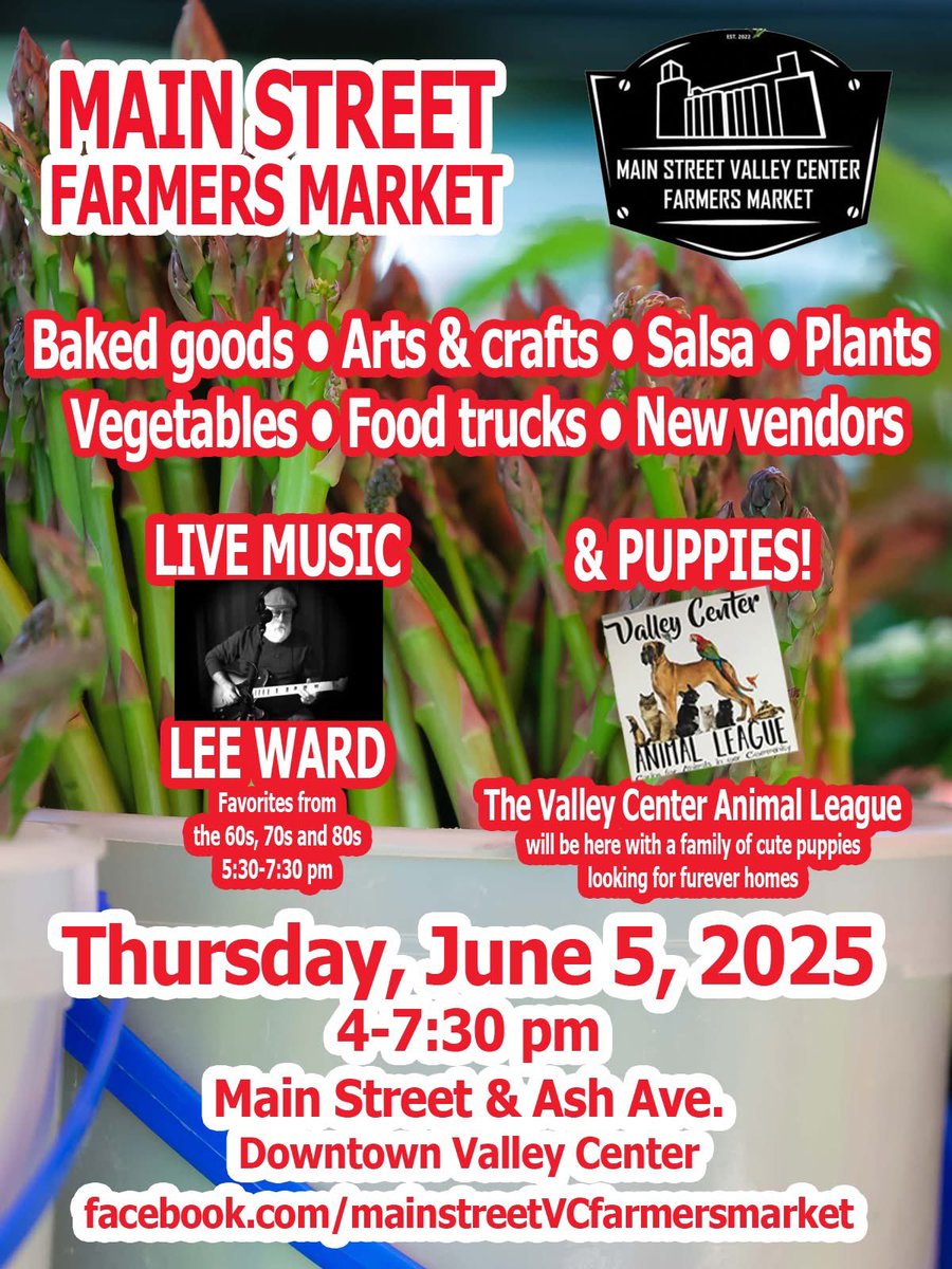 ValleyCenterKS's tweet image. Main Street Valley Center Farmers Market happening TONIGHT! 
Thursday, June 5 
4:00pm to 7:30pm 
Main Street Valley Center

Plus, the Valley Center Animal League is planning to bring a family of cute puppies looking for furever homes.

#discovervc #mainstreetvc #ilovevc #VCPride