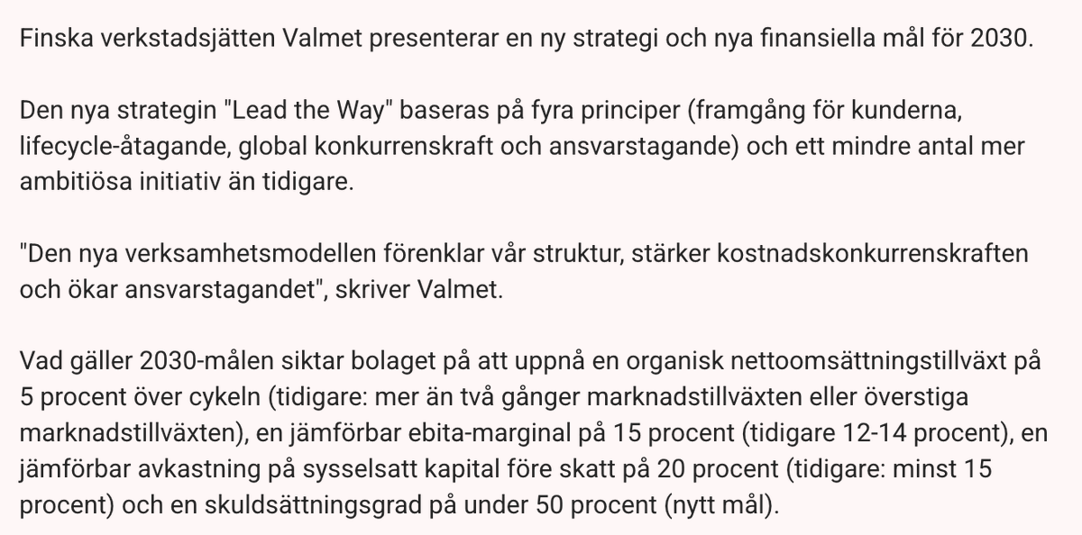 don_crisse's tweet photo. Riktigt bra och enligt mig aggressiva mål från #VALMT. Givet att konjunkturen inte totalt brakar  sönder och samman ser jag en fortsatt god uppsida i aktien. https://t.co/qlMm1h8WNH