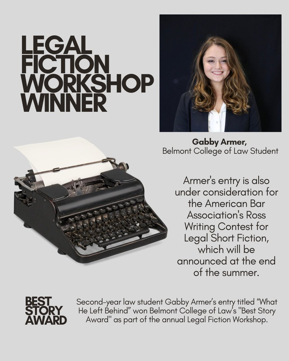 Legal Fiction Winner announced! ✒️🏆 #BelmontLaw student off to ABA competition now! Read more loom.ly/uQamYJQ