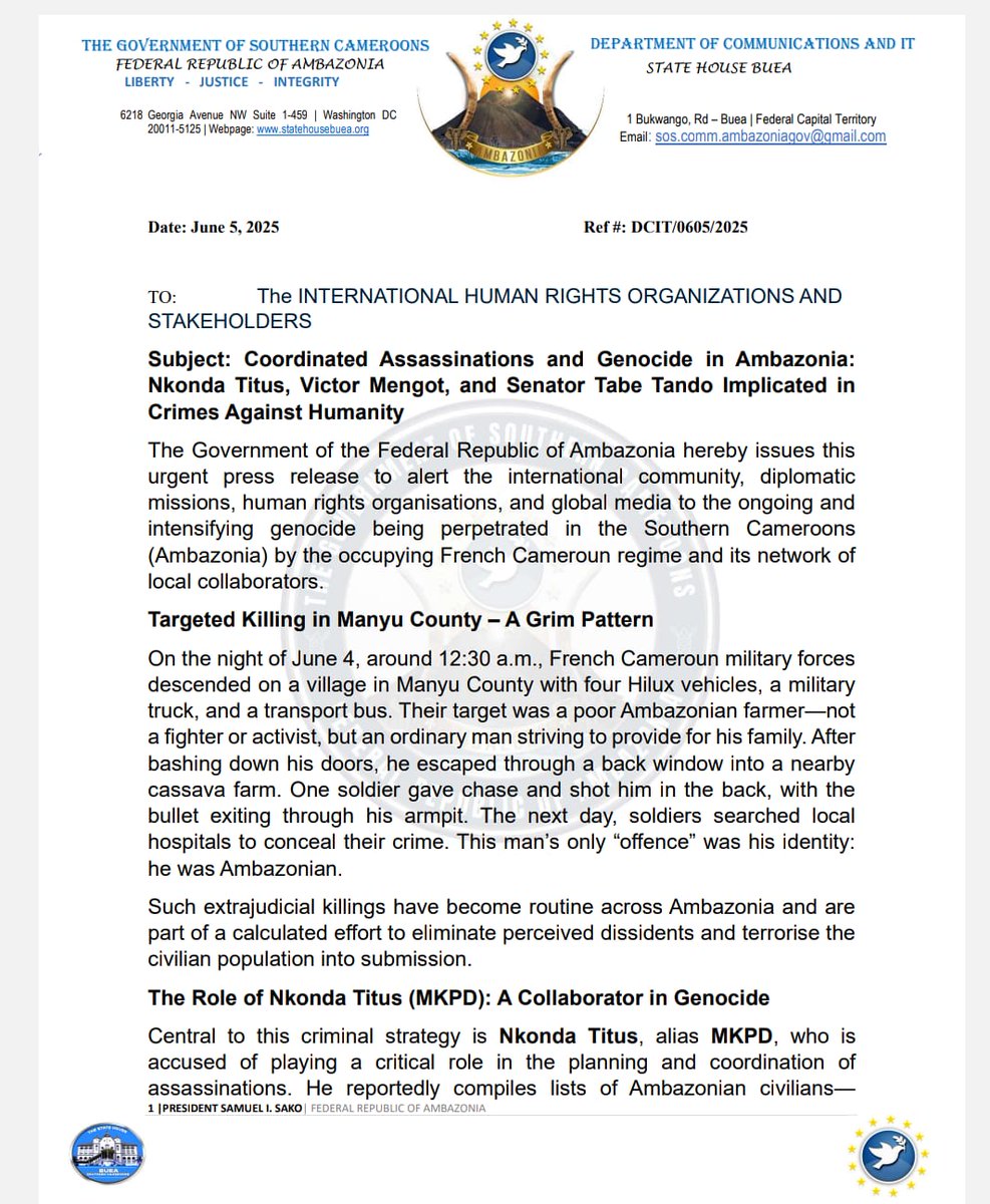 CelestinAtanga's tweet photo. @MimiMefoInfo On the #GenocideInAmbazonia, the @FRAOfficialPage says: It is time for the world to act. #ImpunityMustEnd!
@FCDOGovUK @commonwealthsec @vonderleyen @UN_Council @UN_News_Centre @USEmbYaounde @CanadaFP @GermanyDiplo @StateDept @BBCAfrica @UN_HRC @USATODAY @BostonGlobe @NRC_Egeland https://t.co/s840lq8ZE5