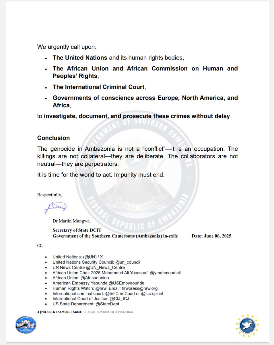 CelestinAtanga's tweet photo. @MimiMefoInfo On the #GenocideInAmbazonia, the @FRAOfficialPage says: It is time for the world to act. #ImpunityMustEnd!
@FCDOGovUK @commonwealthsec @vonderleyen @UN_Council @UN_News_Centre @USEmbYaounde @CanadaFP @GermanyDiplo @StateDept @BBCAfrica @UN_HRC @USATODAY @BostonGlobe @NRC_Egeland https://t.co/s840lq8ZE5