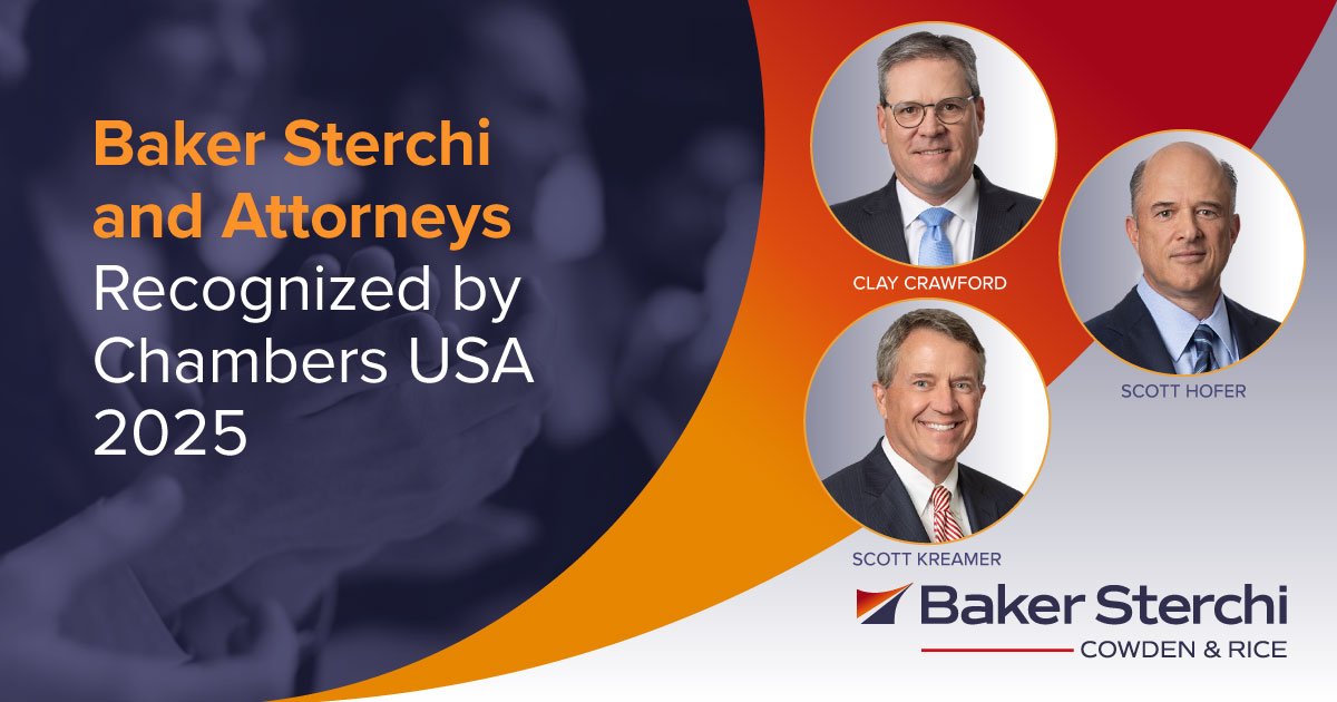 Baker Sterchi Cowden & Rice (@bakersterchi) on Twitter photo Baker Sterchi Cowden & Rice has been recognized as a leader in insurance and general commercial litigation in Missouri and the Kansas City metropolitan region, according to the 2025 edition of <a href="/ChambersGuides/">Chambers and Partners</a>. Read more: conta.cc/3Hnyjjf
#TeamBakerSterchi #ChambersUSA2025 Baker Sterchi Cowden & Rice has been recognized as a leader in insurance and general commercial litigation in Missouri and the Kansas City metropolitan region, according to the 2025 edition of <a href="/ChambersGuides/">Chambers and Partners</a>. Read more: conta.cc/3Hnyjjf
#TeamBakerSterchi #ChambersUSA2025