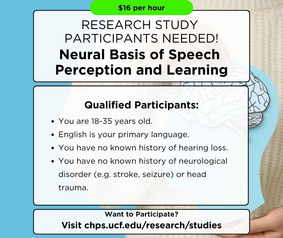 🧠CHPS is looking for participants for a new research study!

This research is being done to better understand how humans learn to recognize and understand speech.

Interested? Tap the 🔗 in our bio!