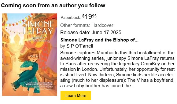 Author JC Paulson 🇺🇦 🕊🐧 (@joanne_paulson) on Twitter photo Looky what appeared in my email this morning.😮
Coming June 17 . . .
<a href="/SPOFarrell3/">S.P. O’Farrell</a> new book in the #SimoneLaFray series:
Simone LaFray and the Bishop of Mumbai!🎉🥳
The first two books ARE AMAZING!
Bet this one is too.😃
Linky: amazon.com/gp/product/196… Looky what appeared in my email this morning.😮
Coming June 17 . . .
<a href="/SPOFarrell3/">S.P. O’Farrell</a> new book in the #SimoneLaFray series:
Simone LaFray and the Bishop of Mumbai!🎉🥳
The first two books ARE AMAZING!
Bet this one is too.😃
Linky: amazon.com/gp/product/196…