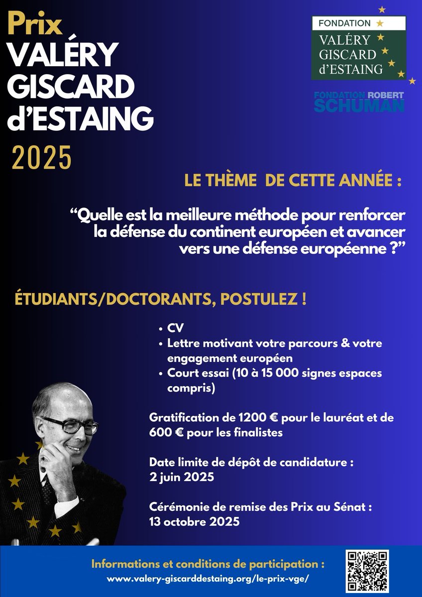 NOUVEAU DELAI PRIX VGE 2025 I Afin de permettre aux étudiants intéressés de finaliser leur dossier dans les meilleures conditions, la date limite de dépôt des candidatures au Prix VGE est prolongée jusqu’au 25 juin minuit !

Remis une fois par an par la <a href="/Fondation_VGE/">Fondation Valéry Giscard d'Estaing</a> et la