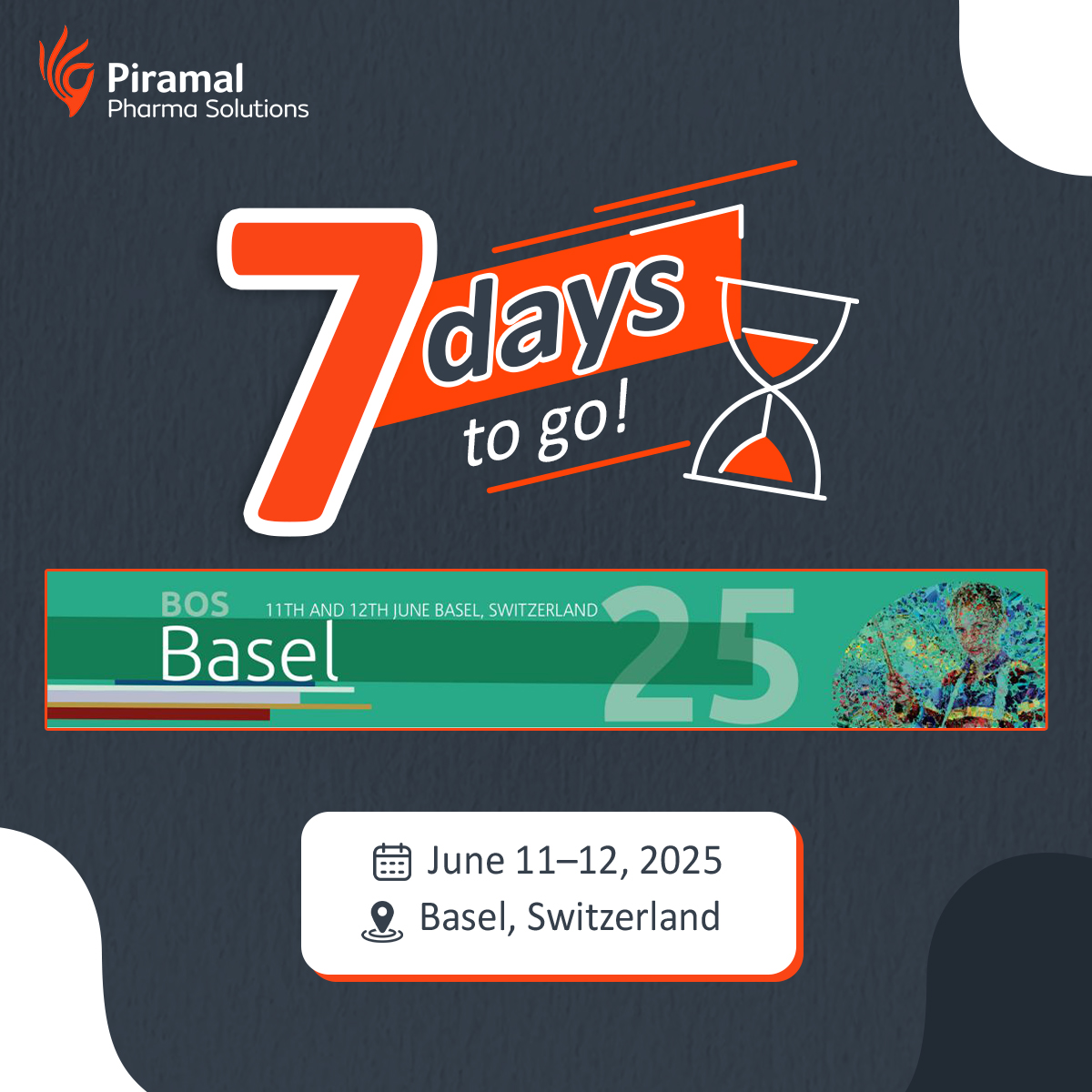 We’re heading to BOS Basel! Meet Dan Caplin &amp; Hubert LOCHARD to learn how our end-to-end development &amp; manufacturing solutions can simplify your drug development journey.

📍 Basel, Switzerland
🗓️ June 11–12, 2025

#PiramalPharmaSolutions #BOSBasel