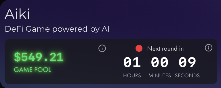 The next game starts in 1 hour ⌛️

Don't forget: you need at least 1 node to play (5,000 $AIKI staked)

Stay tuned for our MEGA game - BIGGER prize pool &amp; increased number of nodes required to be staked to get entry later tonight.