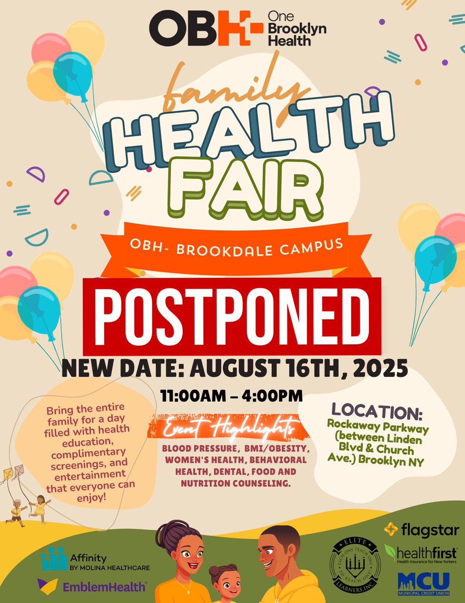 NEW DATE!

Bring the entire family for a day filled with health education, complimentary screenings, and entertainment that everyone can enjoy!

LOCATION: Rockaway Parkway (between Linden Blvd &amp; Church Ave.) Brooklyn NY