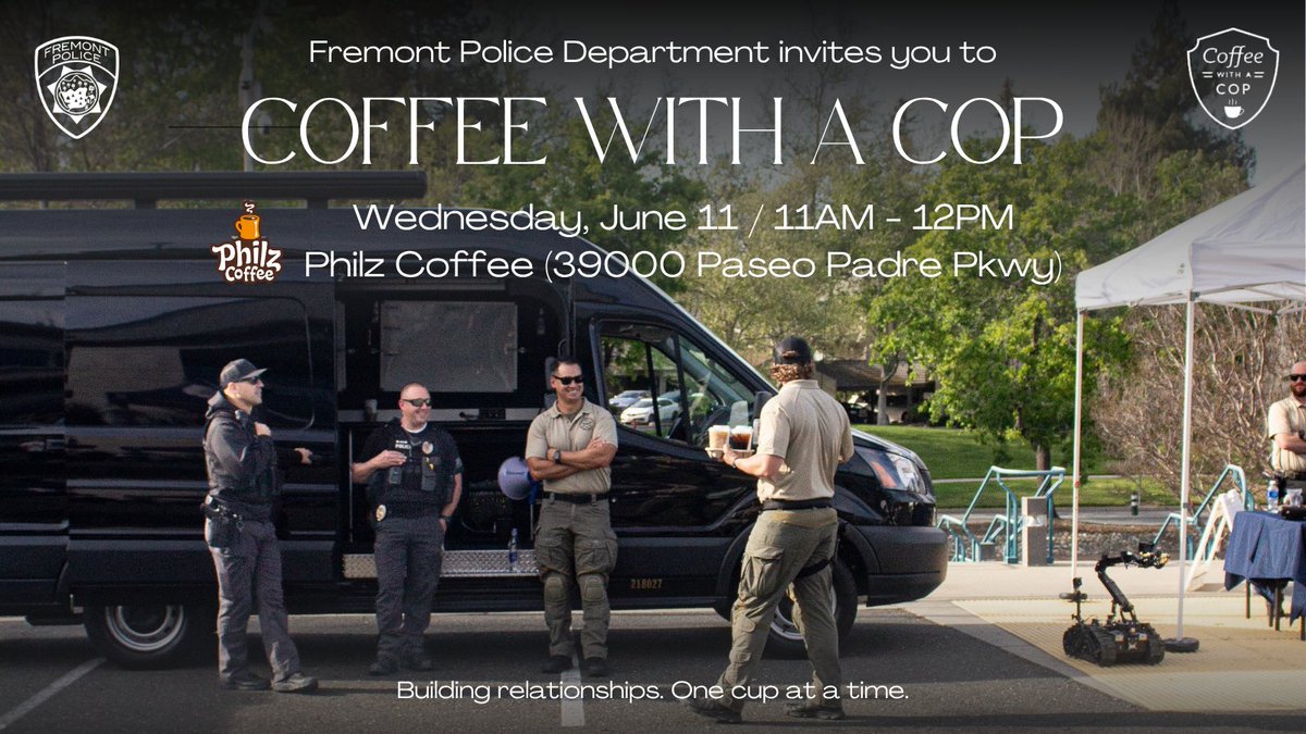 Hey Fremont, can we take you to coffee? ☕👮

Meet us at Philz Coffee next week for our next Coffee with a Cop event! Our officers and command staff will be there to chat about your neighborhood concerns and questions. Come learn more about our Department and tell us more about