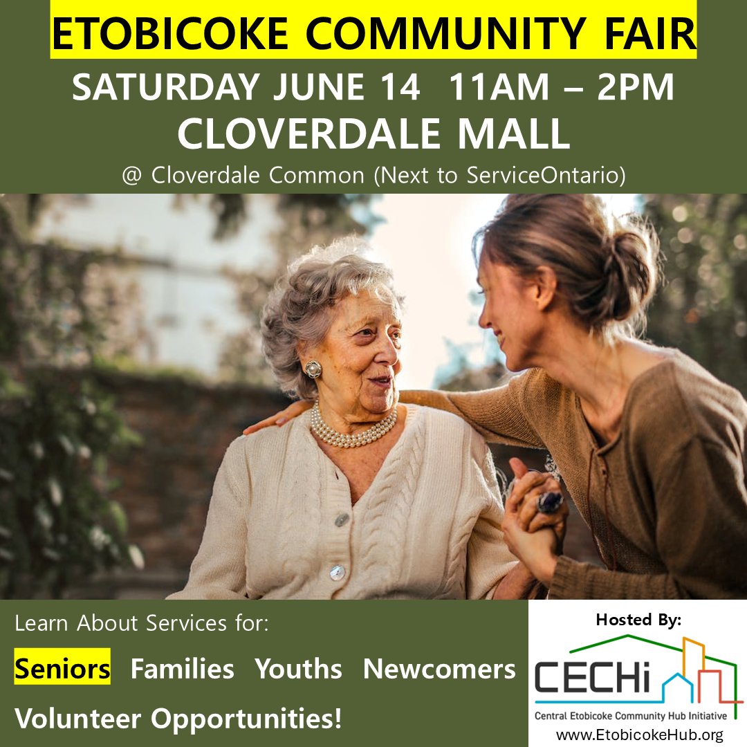 🌟 Explore. Engage. Empower! 🌟
Join us at the Etobicoke Community Fair for a fun-filled day of Community Services, Activities &amp; Volunteer Opportunities for seniors!

🗓 Saturday, June 14 | 🕚 11AM – 2PM
📍 Cloverdale Mall

#etobicoke #Toronto <a href="/EtobicokeHub/">Central Etobicoke Community Hub Initiative</a> @cloverdalemall