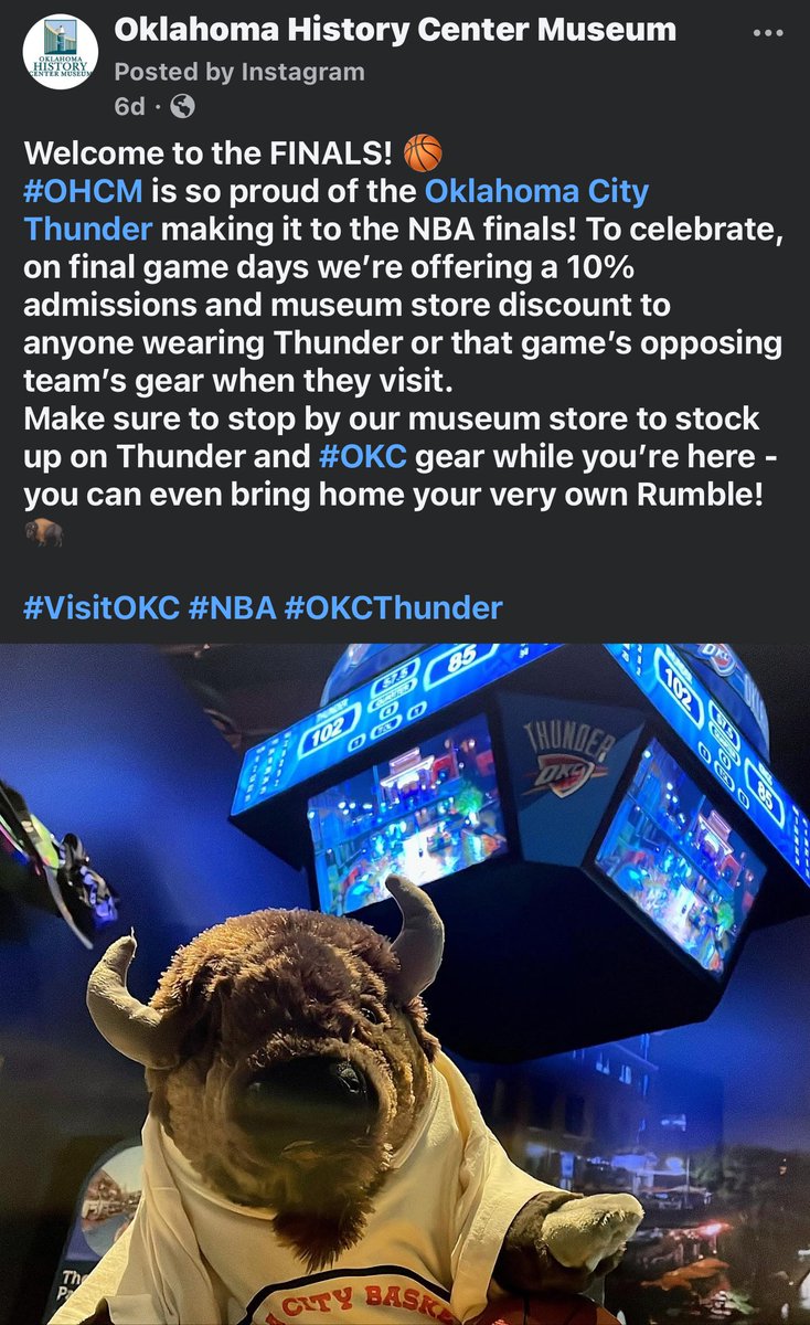 It's game day! There's a 10% discount on admission and in the museum store for anyone visiting the Oklahoma History Center Museum today wearing Thunder or Pacers apparel. #OKCThunder #okhistory