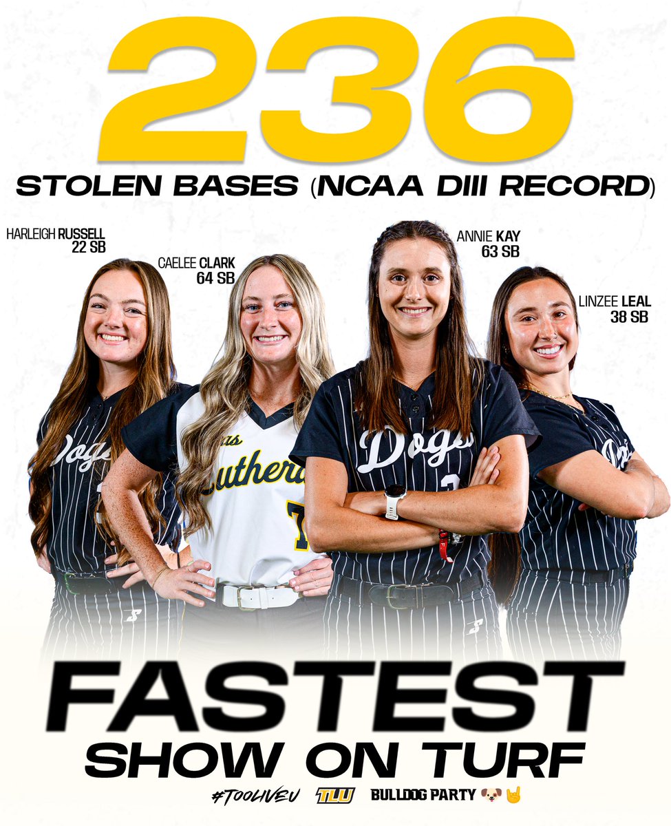 TLU Softball (@tlusoftball) on Twitter photo The ๐๐ผ๐๐๐๐๐ Show on Turf. ๐๏ธ ๐จ
For the third time in the last four seasons, the Bulldogs have set the #d3sb NCAA record for stolen bases in a season - stealing 236 to lead ALL of college softball <a href="/NCAADIII/">NCAA Division III</a>
#TooLiveU | #PupsUp | #StolenBaseU The ๐๐ผ๐๐๐๐๐ Show on Turf. ๐๏ธ ๐จ
For the third time in the last four seasons, the Bulldogs have set the #d3sb NCAA record for stolen bases in a season - stealing 236 to lead ALL of college softball <a href="/NCAADIII/">NCAA Division III</a>
#TooLiveU | #PupsUp | #StolenBaseU