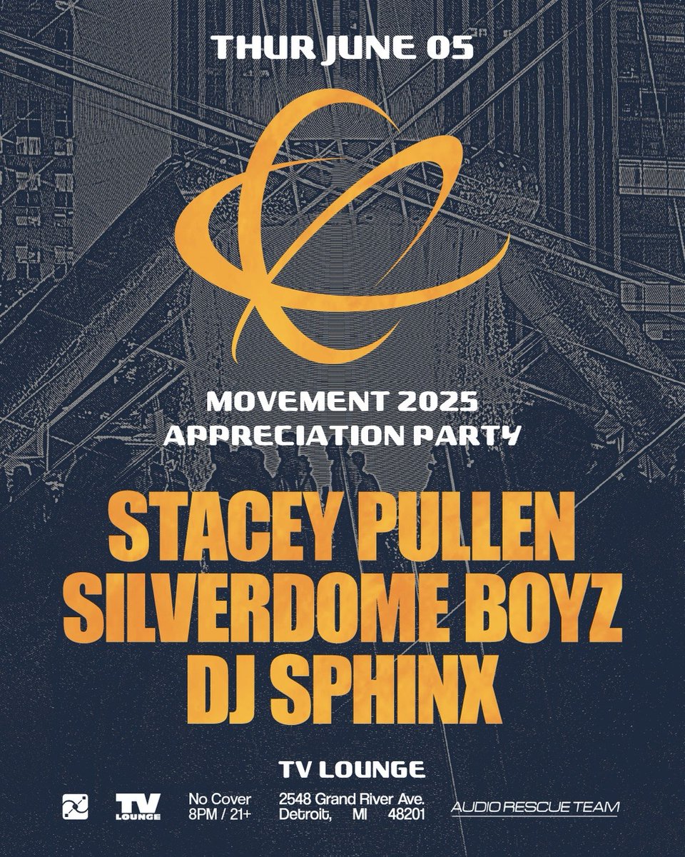 TONIGHT⁠! Get down at the Movement 2025 Appreciation Party taking over TV Lounge 🙌⁠
⁠
Featuring Detroit favorite Stacey Pullen, Silverdome Boyz, and DJ Sphinx 🖤✨⁠
⁠
No cover. Limited capacity. Doors at 8pm, come early, stay late!