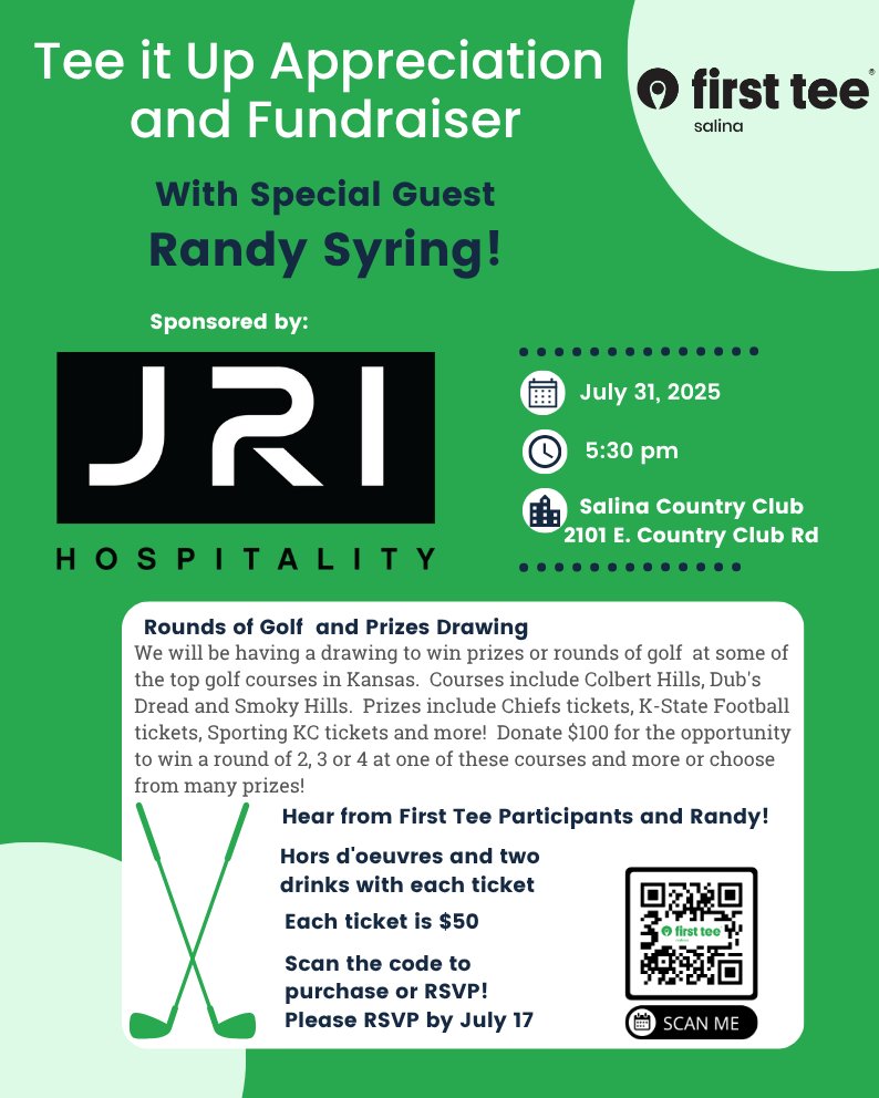 firstteesalina's tweet photo. We are super excited to have Randy Syring as our special guest for our "Tee it Up" event on July 31st.  If you register for our charity golf tournament the next day then you will receive a free ticket to the event. You will also get to hear from some of our First Tee kids! https://t.co/ZcnR9L7cPb
