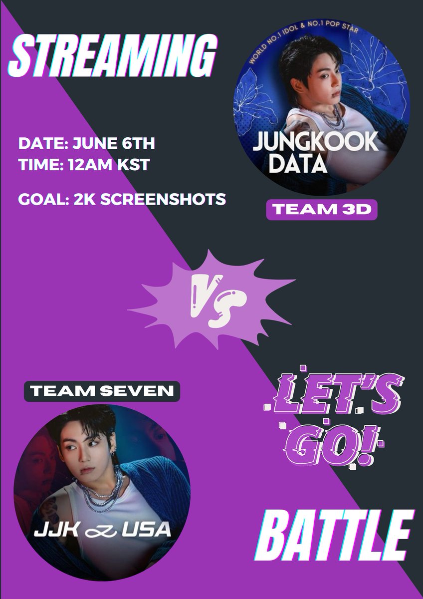 🎉 Please join us for a SPONSORED STREAMING BATTLE to celebrate Jungkook's return! 

⏰ TOMORROW, June 7th 12am KST

💰 Help earn $2325 for JJK2!

Team Seven: <a href="/_jungkook_usa/">JJK USA</a> 
Team 3D: <a href="/JungkooksData/">Jungkook Data</a>

Choose your team and join us!

🎯 The first team to reach 2000 screenshots WINS!