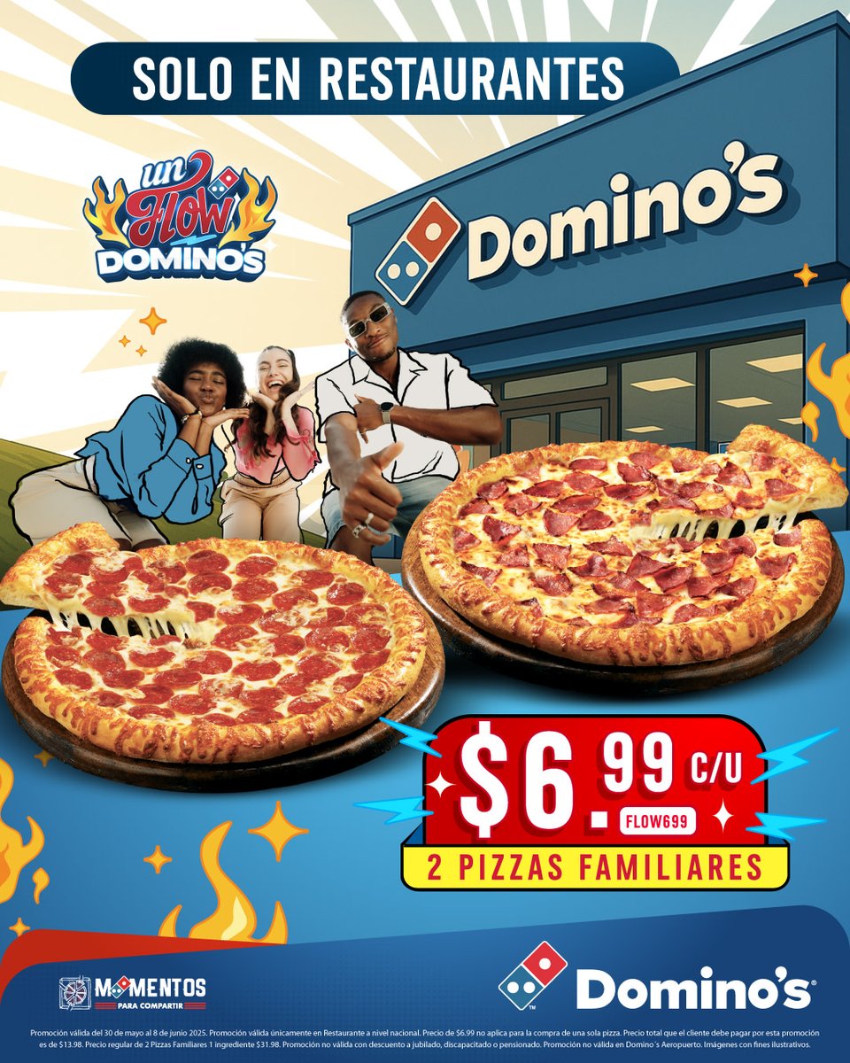 🍕✨ ¡El Flow está en el restaurante!

🔥2 pizzas familiares de 1 ingrediente por solo $6.99 cada una. Válido solo en restaurante.

Así que llama a tu combo, ponle rumbo al restaurante y prepárate pa’ compartir en grande😎🙌

📍SOLO EN RESTAURANTE