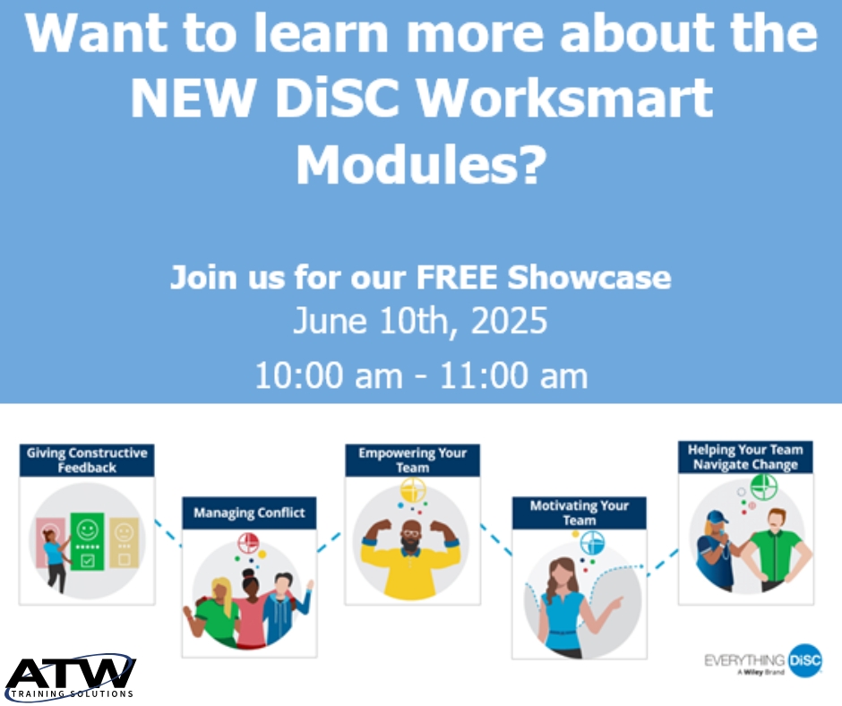 ATW_Training's tweet photo. Join us June 10, 2025, 10–11 AM for a free virtual session on Everything DiSC® Worksmart! Empower your leaders—register now! https://t.co/2o3WHEZ3xT #ATWTraining #LeadershipDevelopment #ManagerTraining #EverythingDiSC #Worksmart #TeamPerformance https://t.co/eVWqir5JeM
