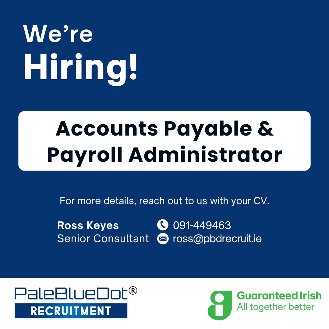 Our Client, an established and rapidly expanding medical device manufacturer in Limerick is seeking an Accounts Payable &amp; Payroll Administrator to join their team. 

Contact Ross or visit pbdrecruit.ie/explorejobs/#j…
for more details
#PaleBlueDotRecruitment #MedTech