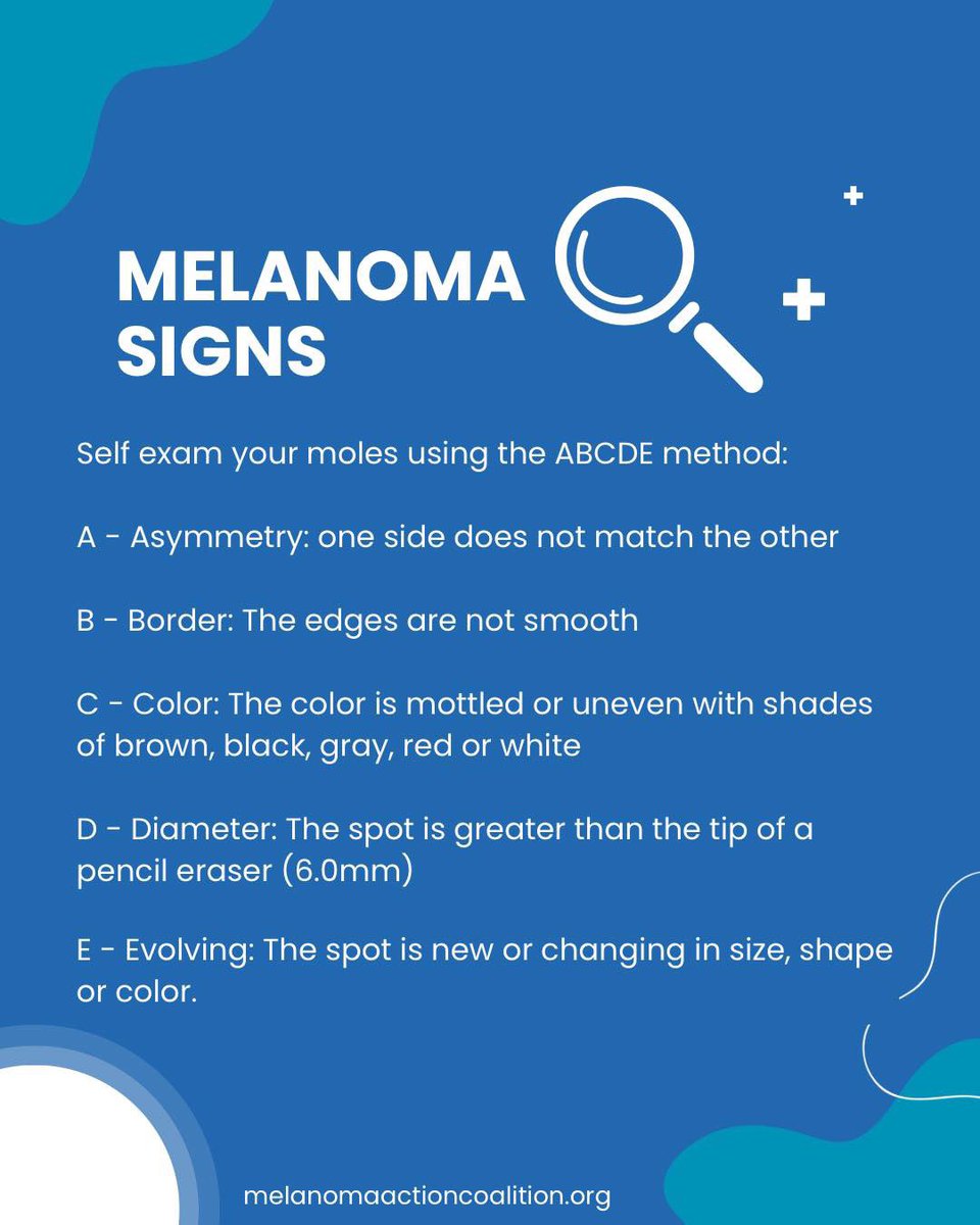 MAC - Melanoma Action Coalition (@melanomaaction) on Twitter photo Melanoma often presents as changes in existing moles or new pigmented skin growths. 
The ABCDEs of melanoma, a memory aid, help identify suspicious signs
Additionally, look for moles that are itching, bleeding, or becoming crusty and call a Licensed Dermatologist! Melanoma often presents as changes in existing moles or new pigmented skin growths. 
The ABCDEs of melanoma, a memory aid, help identify suspicious signs
Additionally, look for moles that are itching, bleeding, or becoming crusty and call a Licensed Dermatologist!