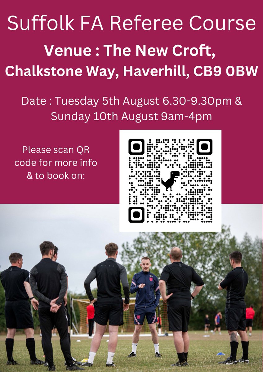 A Referee Course will be taking place at The New Croft in Haverhill in August. Sign up here 👇

tinyurl.com/2dak9kay

#SuffolkFA
#AThrivingLocalGame