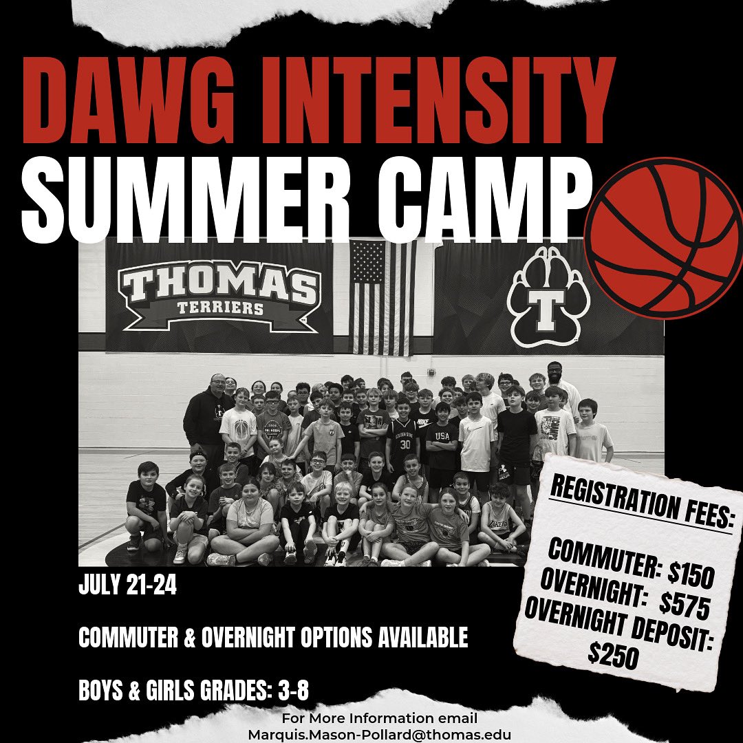 🏀 Thomas College Intensity Camp
📍 Waterville, ME | 📅 July 21–24
Now offering OVERNIGHT option!
Dorms, meals, &amp; fun evening activities 🔥
💵 $575 new | $425 upgrade | $150 commuter
🔗 Register: apply.thomas.edu/register/dawg-…

#DAWGS #BasketballCamp