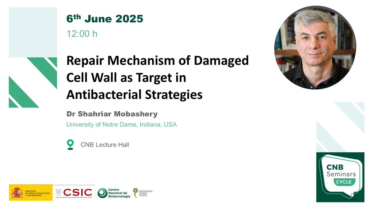 📢 Don’t miss the upcoming seminar: ‘Repair Mechanism of Damaged Cell Wall as a Target in Antibacterial Strategies’, given by Dr Shahriar Mobashery (University of Notre Dame, Indiana, USA).

🗓️ 6 June
🕛 12:00
📍 CNB Lecture Hall