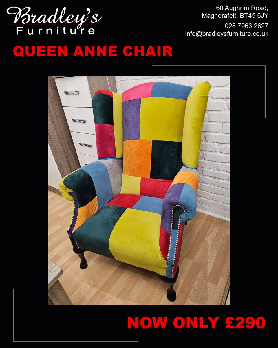 Bradleys_Furn's tweet image. Patchwork Queen Anne Chair – Now Only £290! 👑
Add a splash of colour and character to your space with this stunning accent chair.

📍 Visit Bradley’s Furniture, Magherafelt!
#QueenAnneChair #PatchworkStyle #AccentChair #StatementPiece