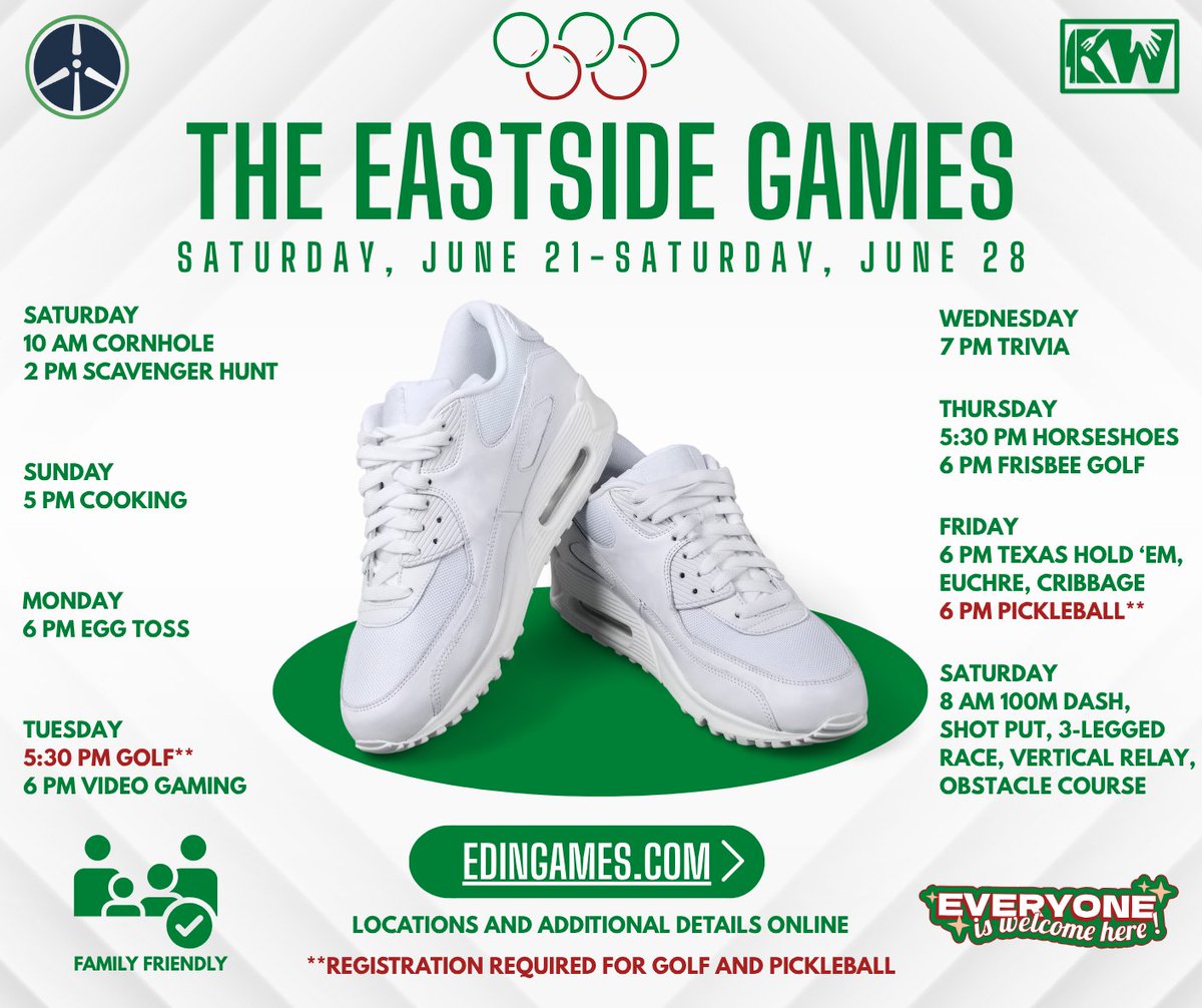 It's the return of the Eastside games! Join us every day from Saturday June 21 to Saturday June 28. Have fun, earn points and bring home the coveted Eastside games trophy 🏆. Go to edingames.com to reserve your spot for golf and pickleball and to learn more!