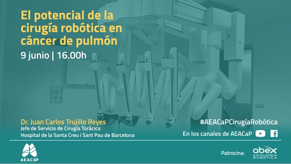 🔵🫁 <a href="/AEACaP/">AEACaP</a> ha organizado el seminario web 'El potencial de la cirugía robótica en #cáncerdepulmón'

🗓️ 9 de junio
🕔 16h

➡️ El doctor Juan Carlos Trujillo dará a conocer las técnicas de cirugía robótica en las intervenciones de cáncer de pulmón

ℹ️ bit.ly/AEACaP-cirugia…