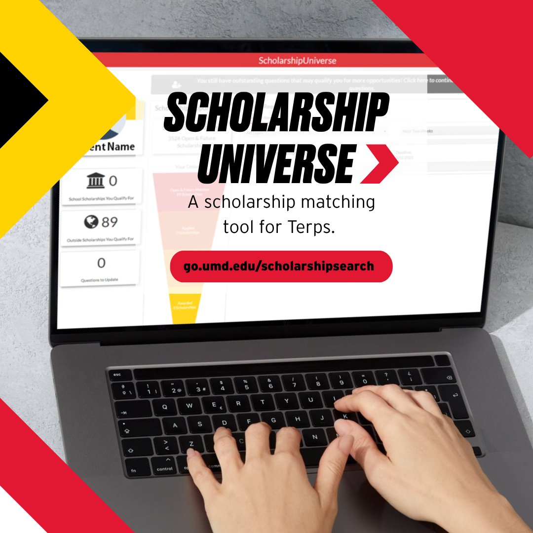 Did you know Scholarship Universe has potential matches for our #Terps? Head over now using your Directory ID and password &amp; start looking for your potential match! go.umd.edu/scholarshipsea… 
#scholarships #universityofmaryland #highered #financialaid