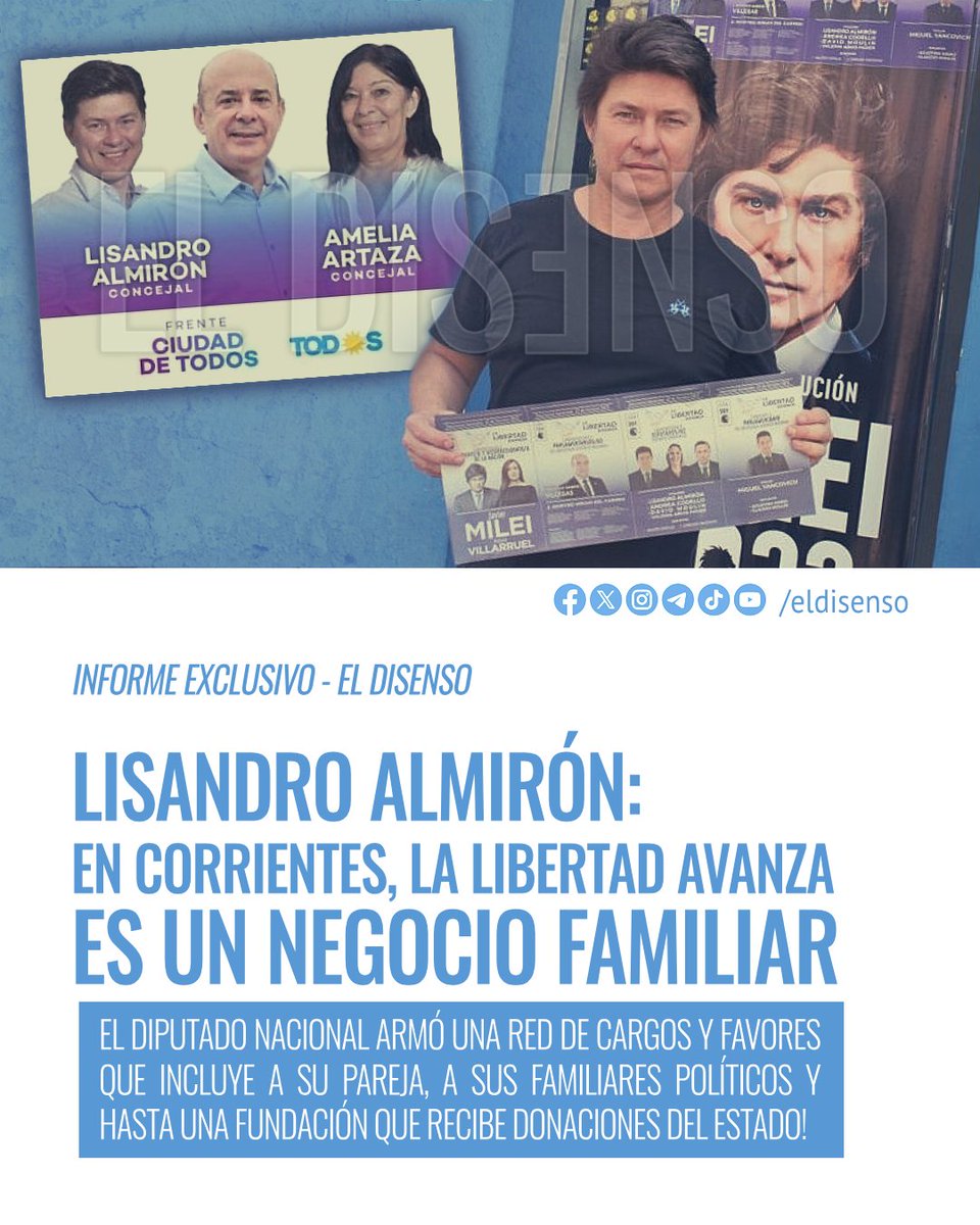 🚨💣 Lisandro Almirón: En Corrientes, La Libertad Avanza es un negocio familiar💰
▶️La esposa, la cuñada, la hermana, el suegro, la suegra, la hna de la suegra (+ su hija y su pareja), el suegro y una fundación que recibe donaciones millonarias del Estado🥳#TusImpuestosEnAccion