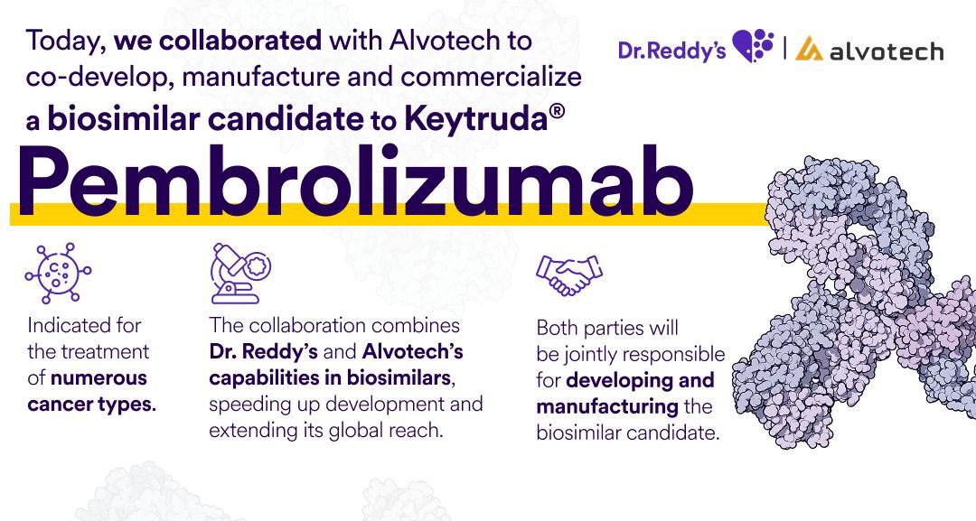 Today, we announced our collaboration with Alvotech to co-develop, manufacture and commercialize a biosimilar candidate to Keytruda®️ (pembrolizumab) for global markets.

Click here to read more: shorturl.at/zXpbS

#GoodHealthCantWait #WeAreDrReddys