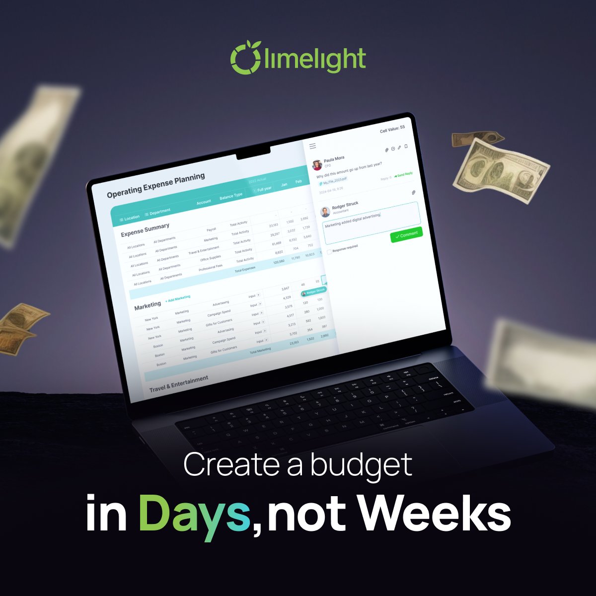 go_limelight's tweet image. Just smart, fast planning with Limelight.

 ✅ Real-time collaboration
 ✅ Instant roll-ups
 ✅ Built for finance teams

#BudgetSmarter #FPAAutomation #LimelightFPA