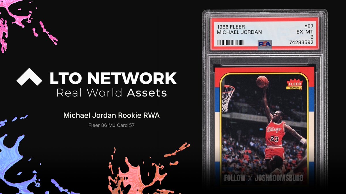 Joshuwa Roomsburg (@joshroomsburg) on Twitter photo 🏀 In honor of the #NBAFinals..
Win a part of #NBA history! 🔥
A Michael Jordan Rookie #RWA
Fleer 1986 #57 (PSA 6) on-chain
✌️ Two fans each get a fraction
🐐 Reply your favorite MJ moment
⏳️ 2 winners in 24 hours. Go!
<a href="/TheLTONetwork/">LTO Network</a> #LTOPartner
$LTO disclosure.ChainLeak.com 🏀 In honor of the #NBAFinals..
Win a part of #NBA history! 🔥
A Michael Jordan Rookie #RWA
Fleer 1986 #57 (PSA 6) on-chain
✌️ Two fans each get a fraction
🐐 Reply your favorite MJ moment
⏳️ 2 winners in 24 hours. Go!
<a href="/TheLTONetwork/">LTO Network</a> #LTOPartner
$LTO disclosure.ChainLeak.com