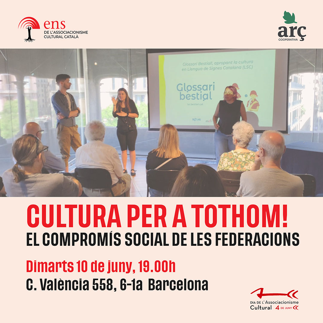 EnsAssoc's tweet photo. 🗣️El dimarts 10/6 (19h) parlarem sobre el 🤝compromís social de les federacions de cultura popular i coneixerem algunes experiències #DASC2025
Us esperem al C/ València 558, 6è 1a Barcelona! 📨
📨info@ens.cat
@arc_coop
@pessebrescat
@Bestiari_Cat
@AteneusCat https://t.co/aLdMcLaWCL